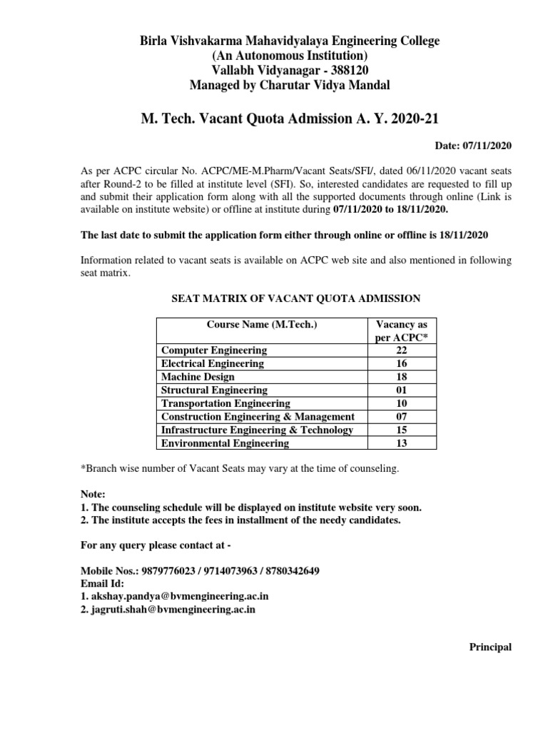 BVM Notice Seat Matrix M.Tech. VQ Admission 202021 PDF PDF