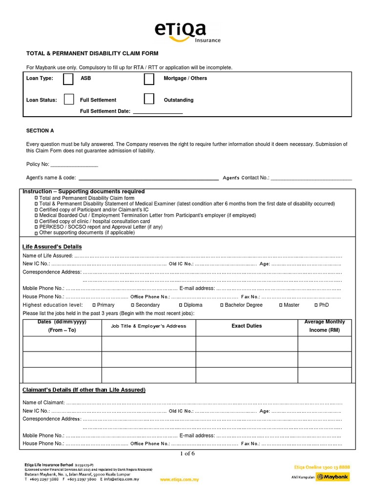 Total & Permanent Disability Claim Form | PDF | Transaction Account ...