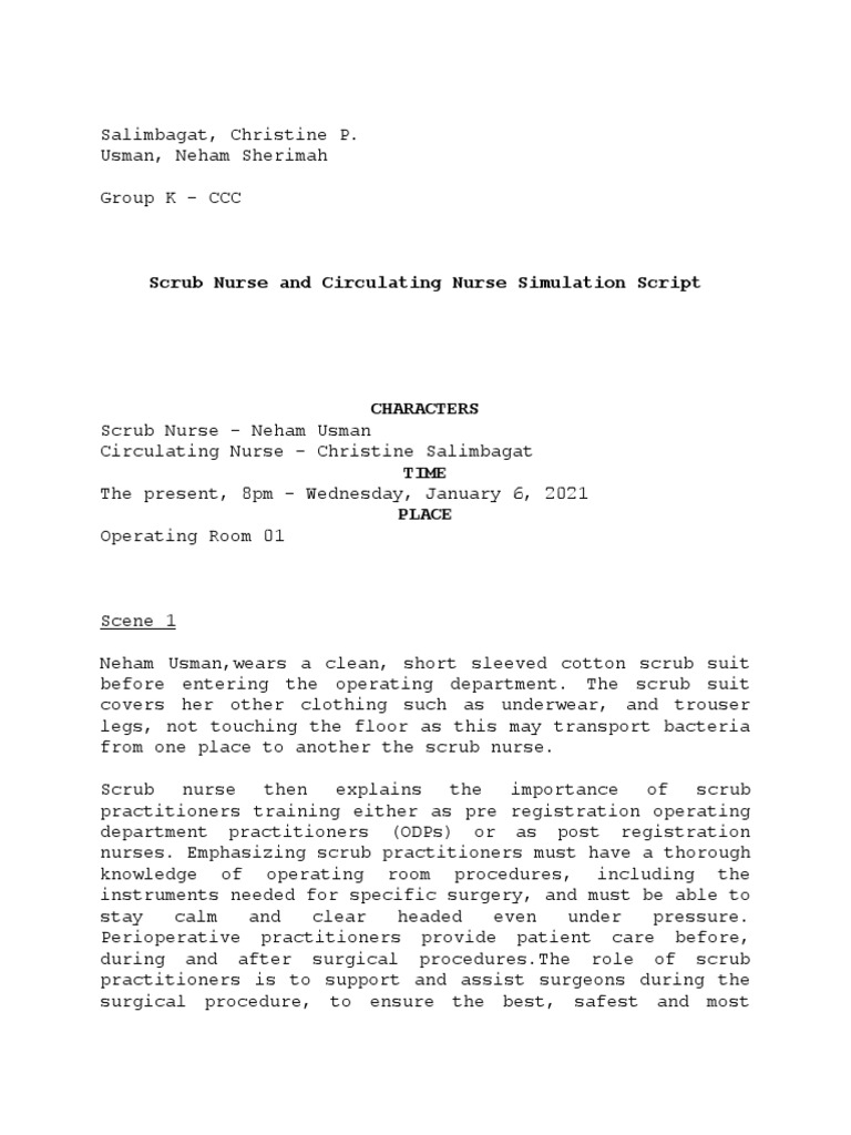 Scrub and Circulating Practitioner Simulation Script - Salimbagat ...