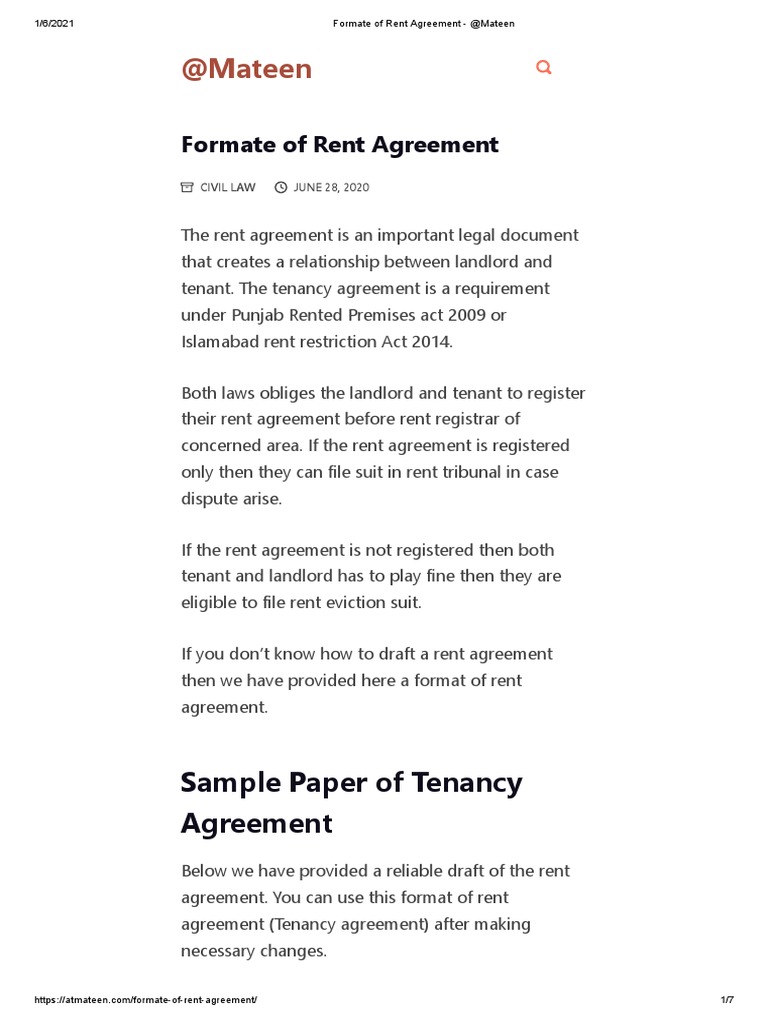Formate of Rent Agreement - @mateen | PDF | Leasehold Estate | Landlord