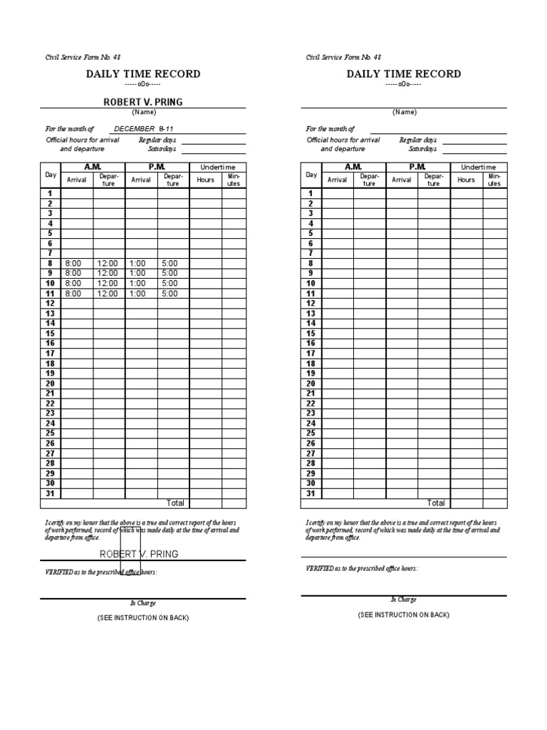CSC Form 48 Daily Time Record DTR PDF Teaching Mathematics