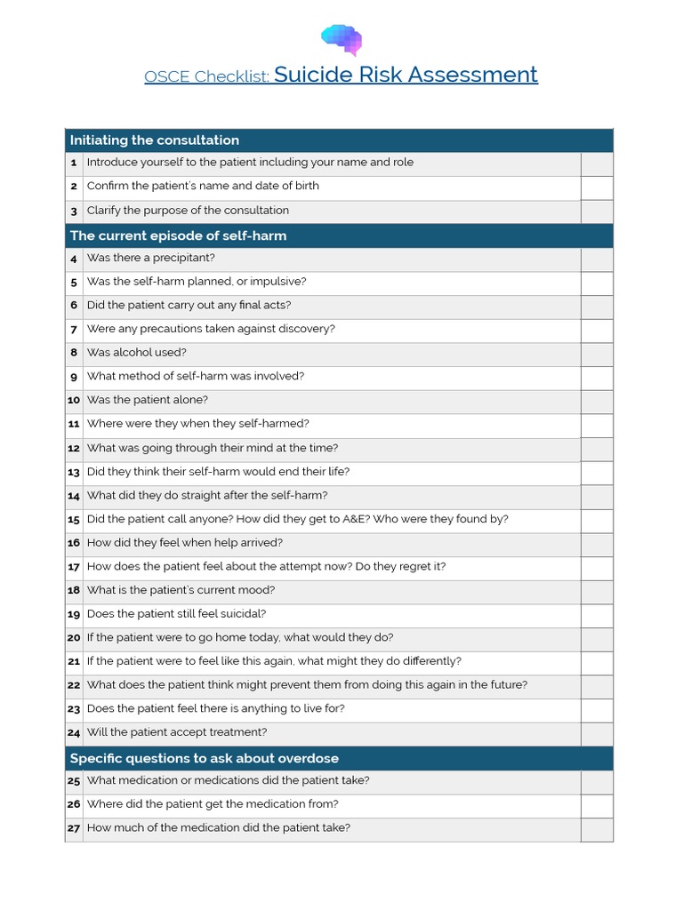 OSCE Suicide Risk Assessment Guide | PDF | Psychiatry | Self Harm