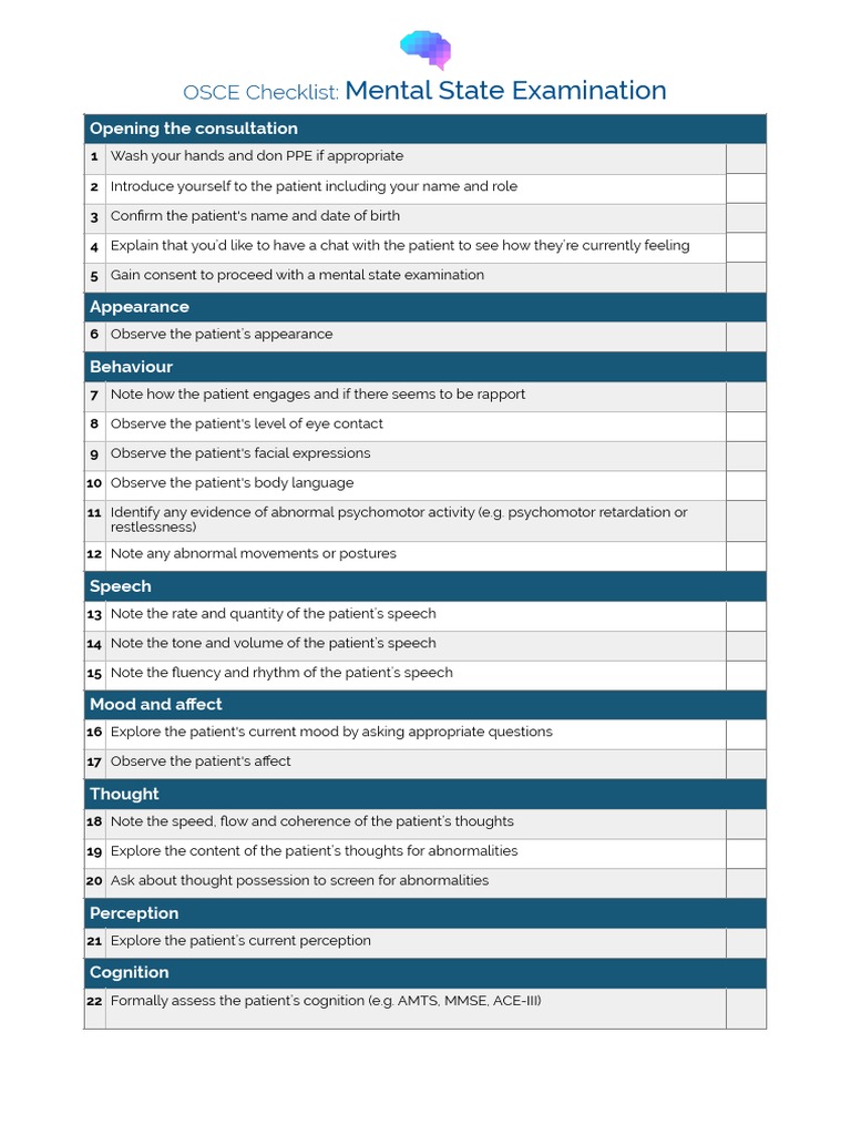 OSCE Mental State Examination Checklist PDF Self Improvement