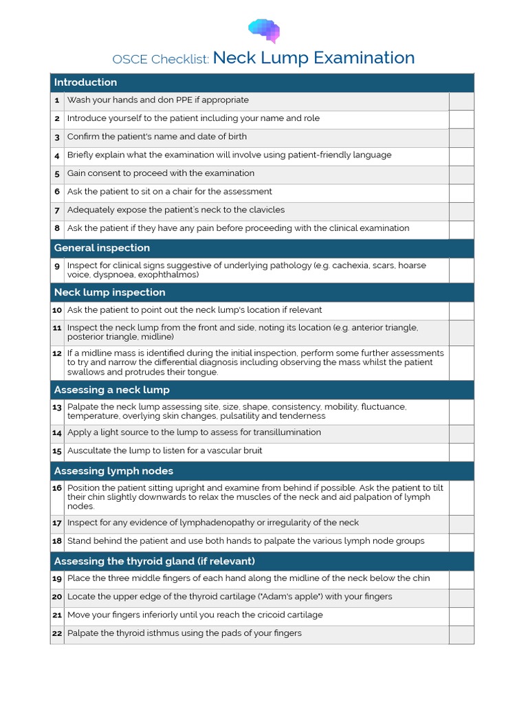 Neck Lump Examination OSCE Checklist PDF Neck Thyroid