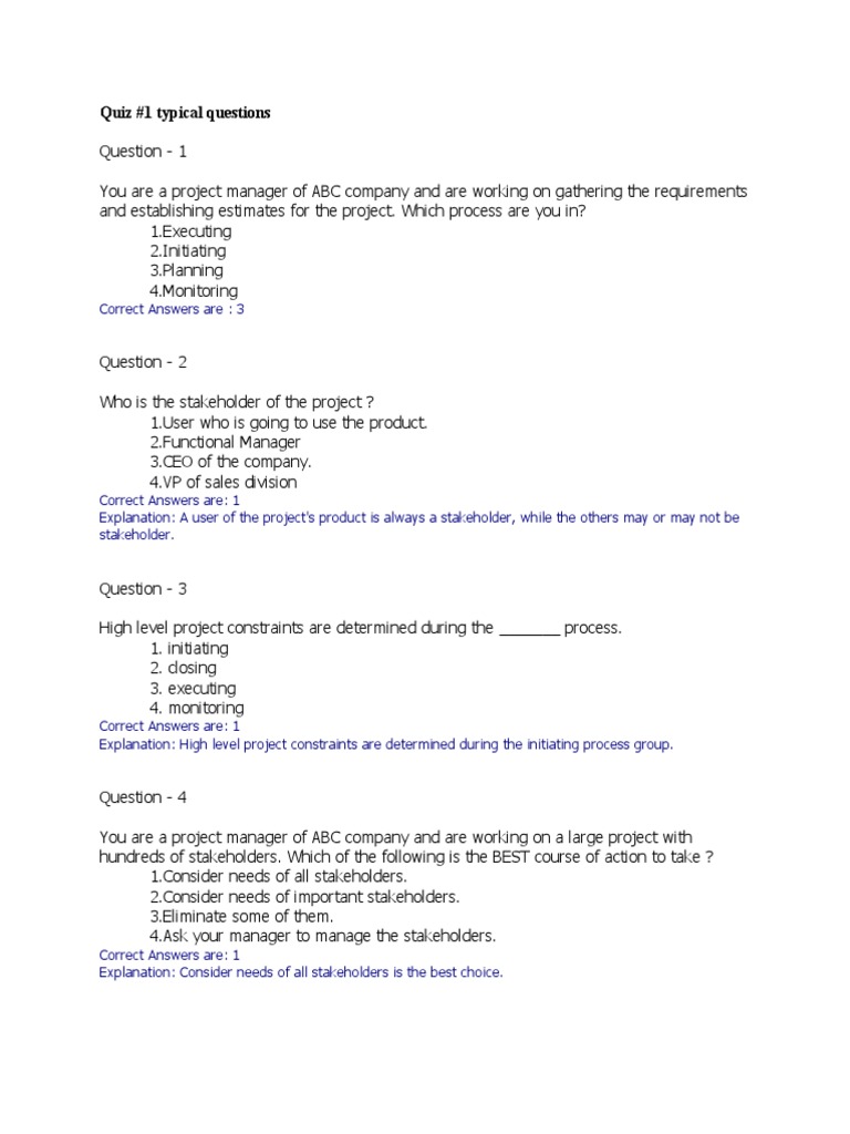 Project Management Quiz Questions | PDF | Business Process ...