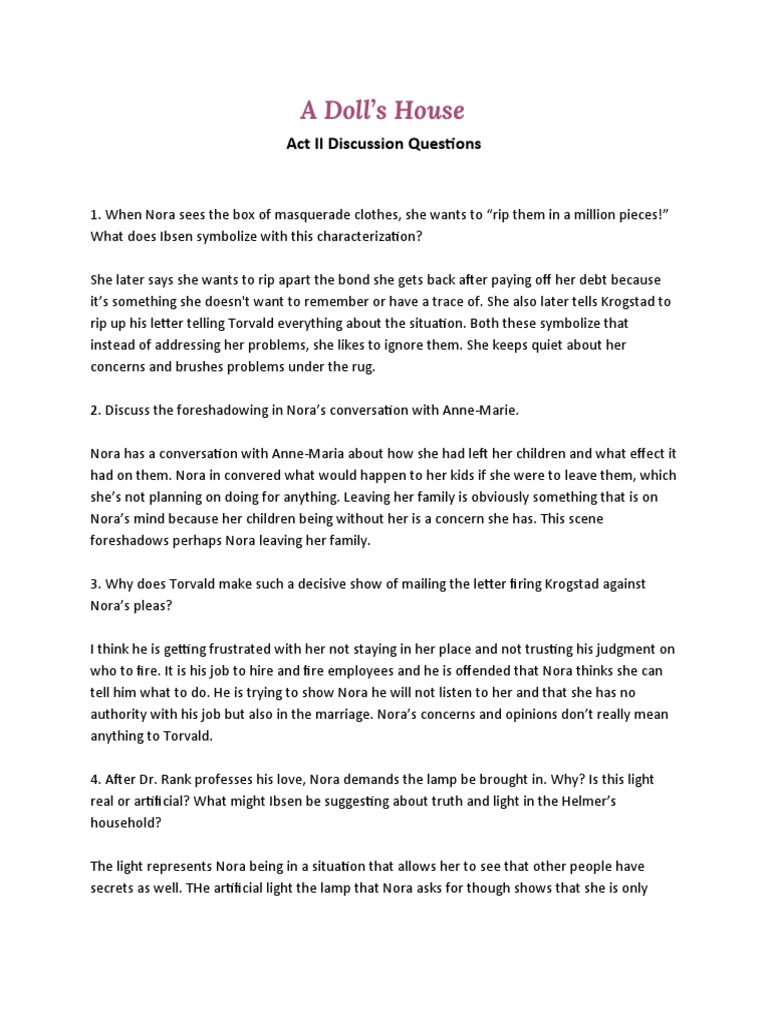 A Doll's House Act II Discussion Questions PDF A Doll's House