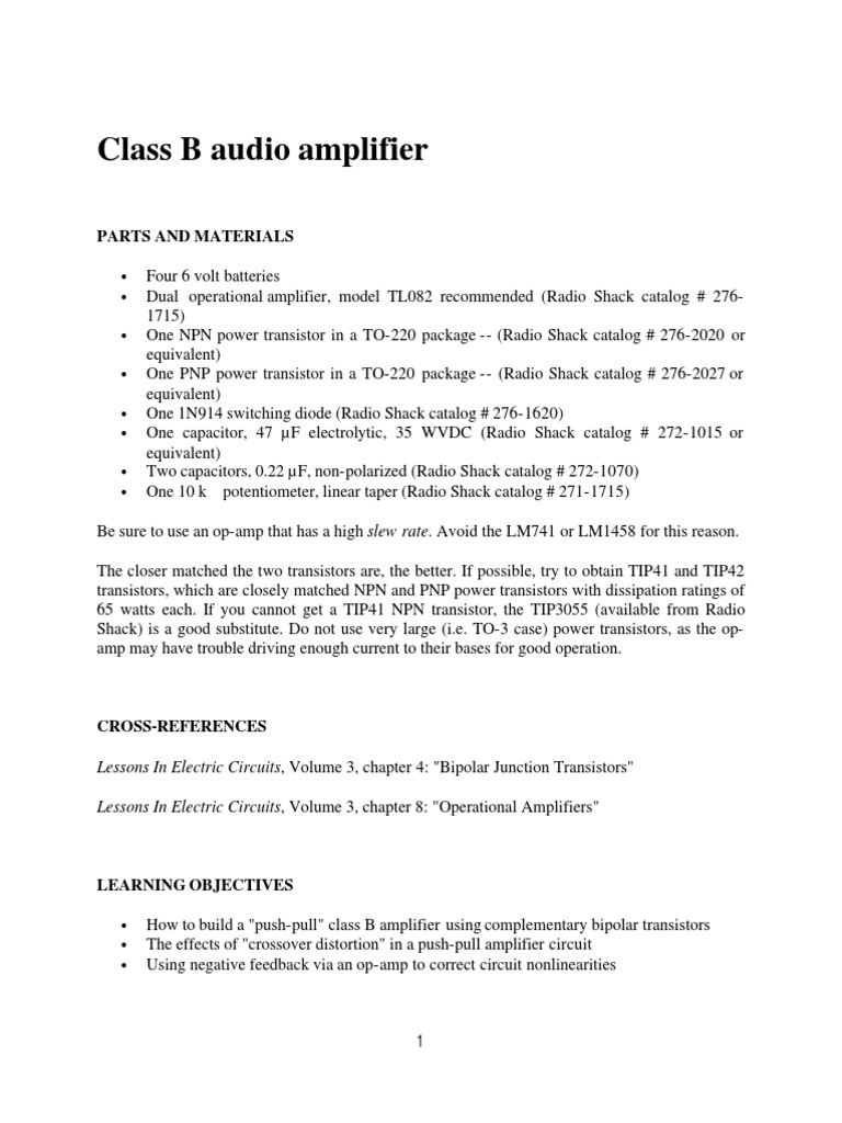 Class B Audio Amplifier: Parts and Materials | PDF | Operational ...