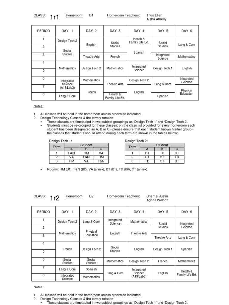 Class 1r1 and 1r2 Timetable Overview | PDF | Educational Organizations ...