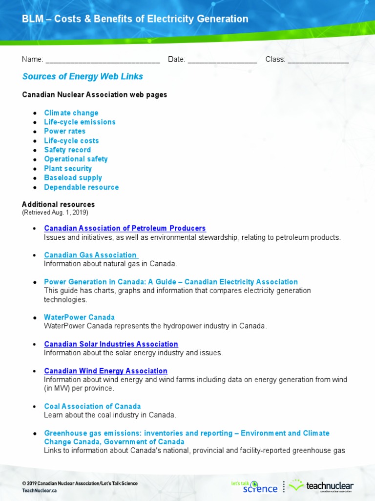 BLM Costs & Benefits of Electricity Generation Sources of Energy 