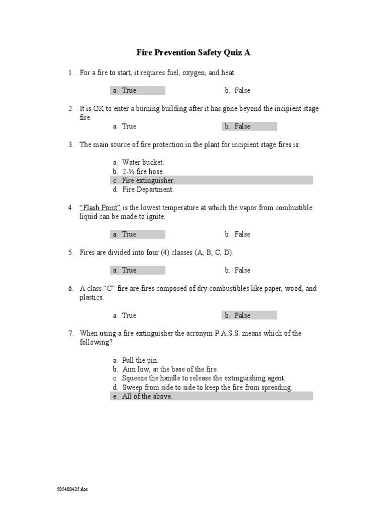 Fire Prevention Safety Quiz A | PDF