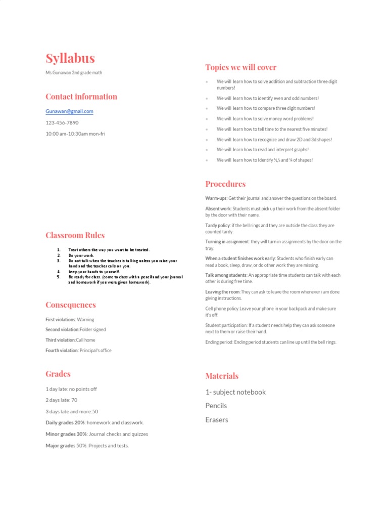 2nd Grade Math Syllabus | PDF | Homework | Educational Psychology