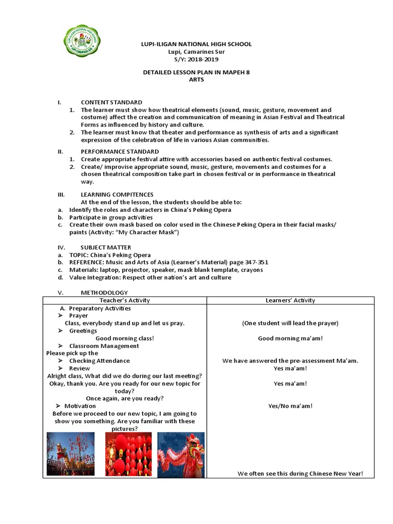Lesson Plan In Mapeh Grade 8 Lesson Plan Performing Arts Lesson Plan