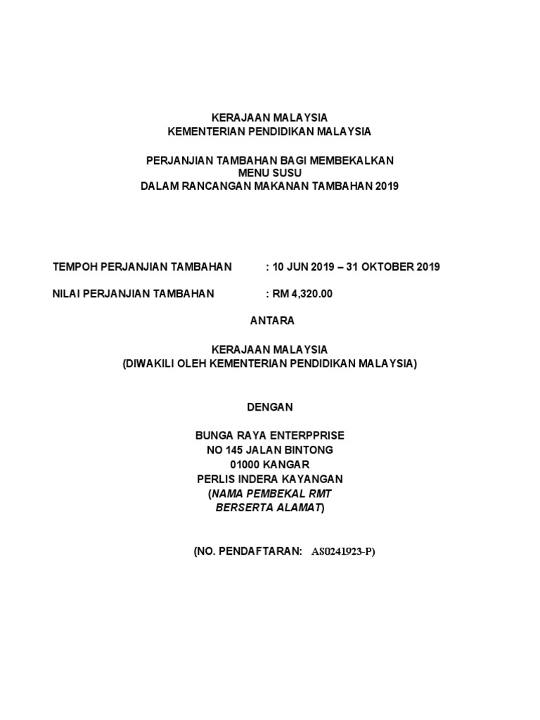Contoh Perjanjian RMT Tambahan Susu Uht 2019 | PDF