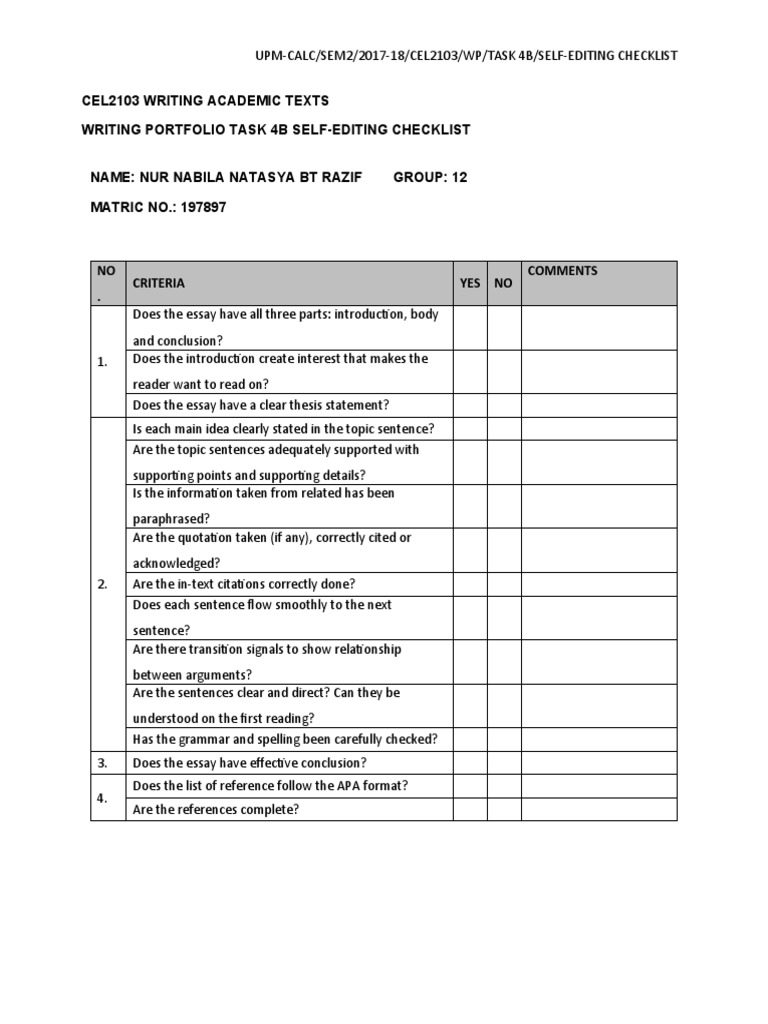 Academic Essay Self-Editing Checklist | PDF | Career & Growth