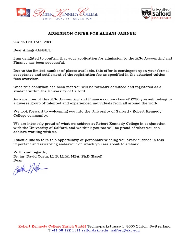 Admission Offer For Alhagi Janneh Robert Kennedy College Zurich GMBH PDF Swiss Franc Zürich
