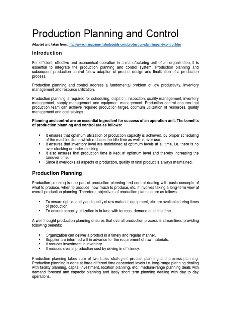 Production Planning and Control: Adapted and Taken From | PDF