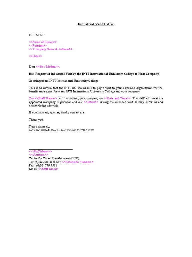 Sample Industrial Visit Letter