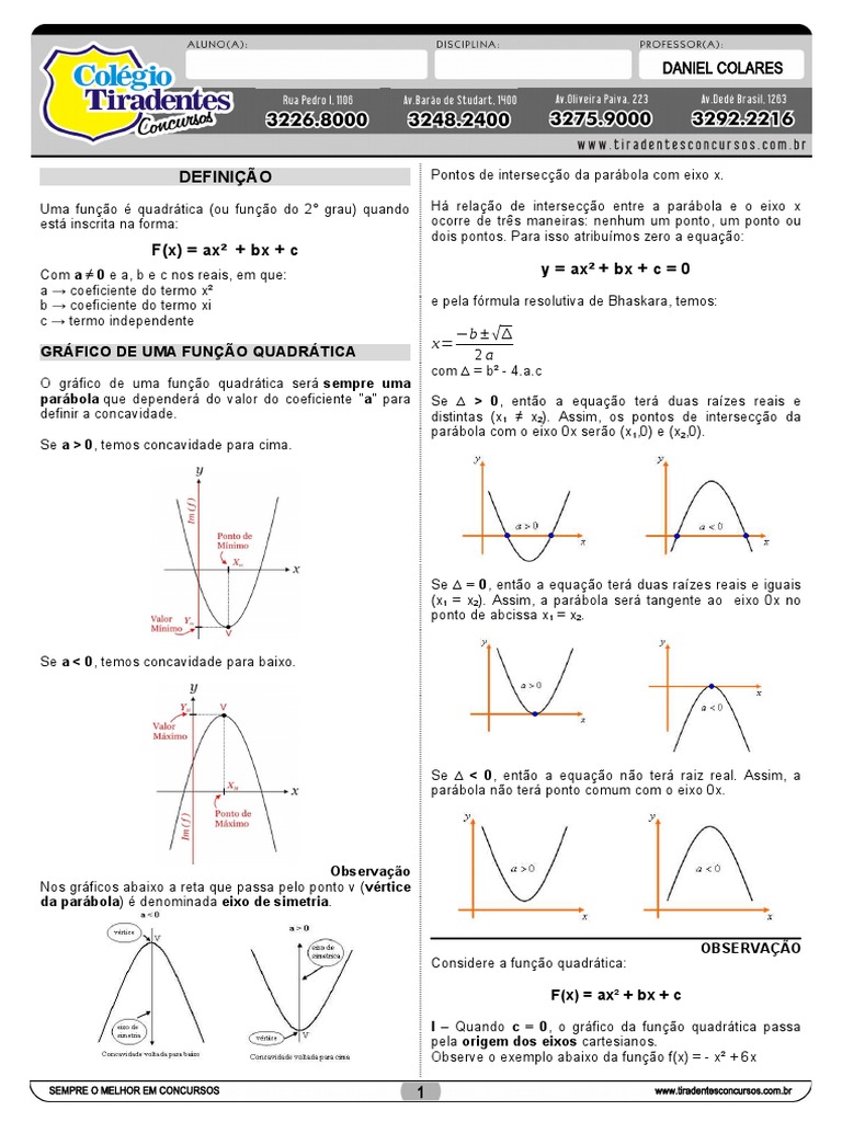 Funções Quadráticas e Gráficos | PDF | Objetos matemáticos | Álgebra