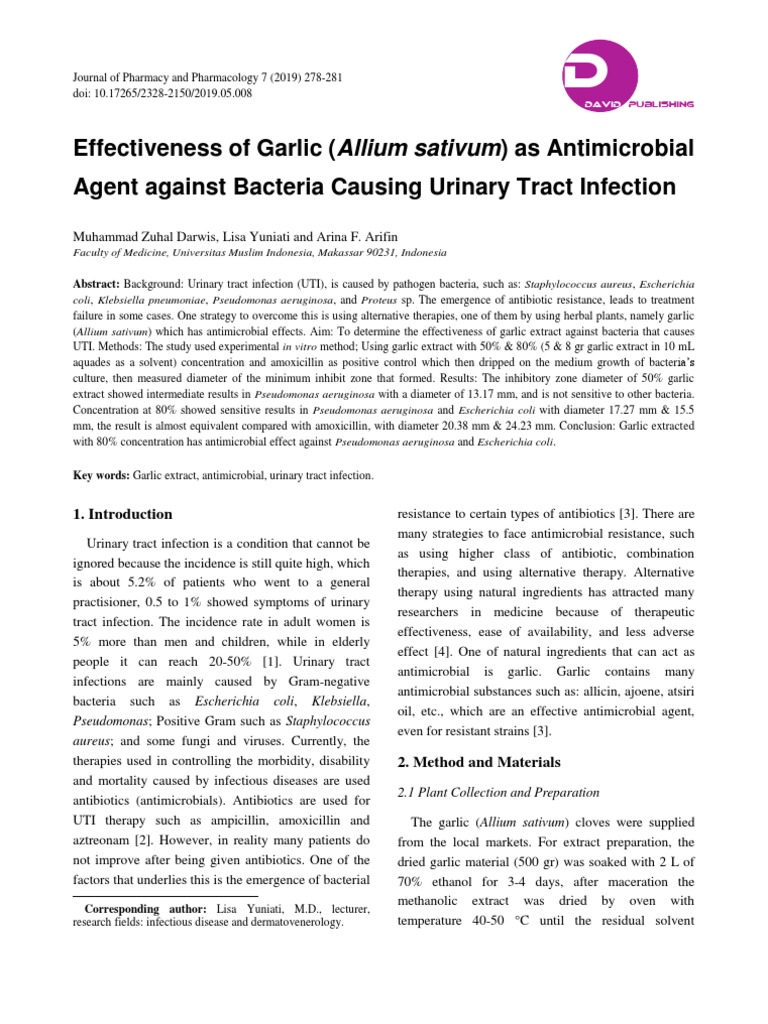 Effectiveness of Garlic (Allium Sativum) As Antimicrobial Agent Against Bacteria Causing Urinary