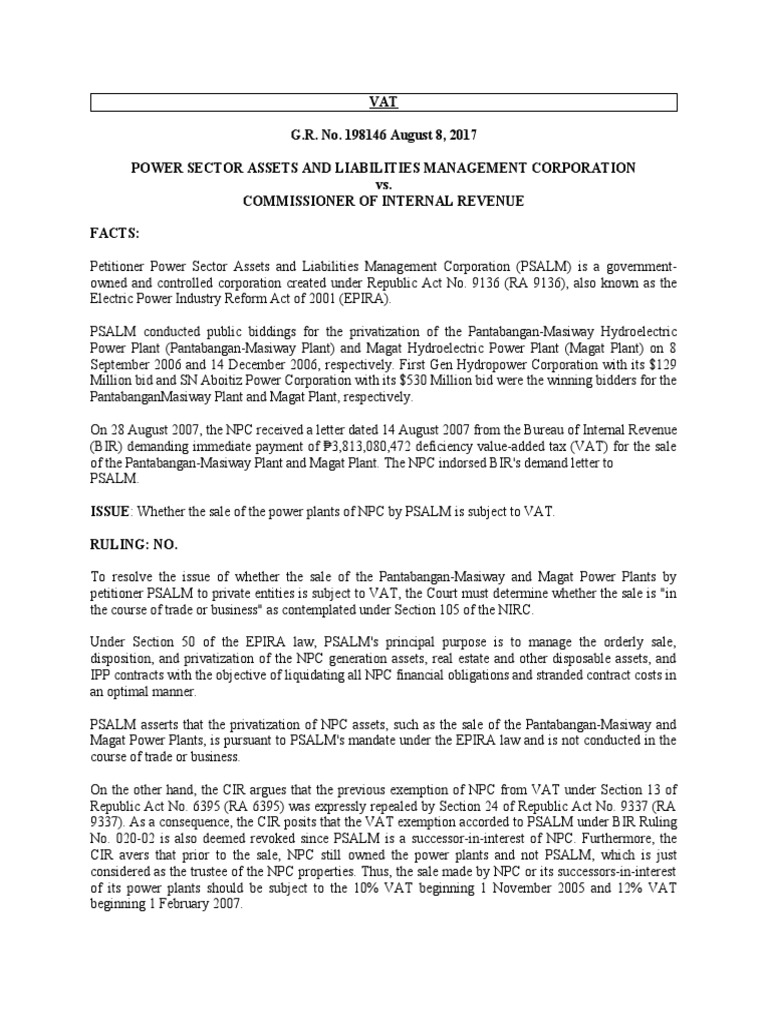 VAT G.R. No. 198146 August 8, 2017 Power Sector Assets and Liabilities