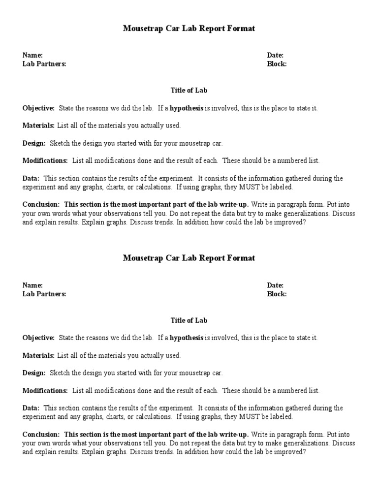 Mousetrap Car Lab Report Guidelines | PDF