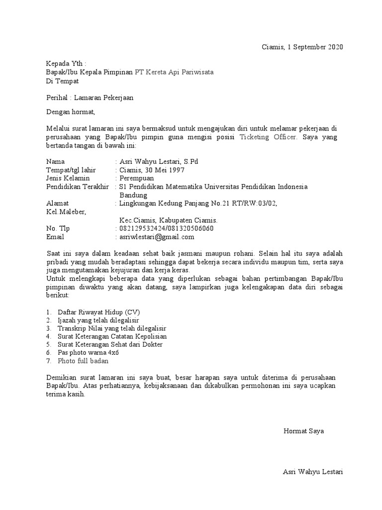 Download 64+ Contoh Surat Lamaran Kerja Pt Kai Terbaik Dan Terbaru