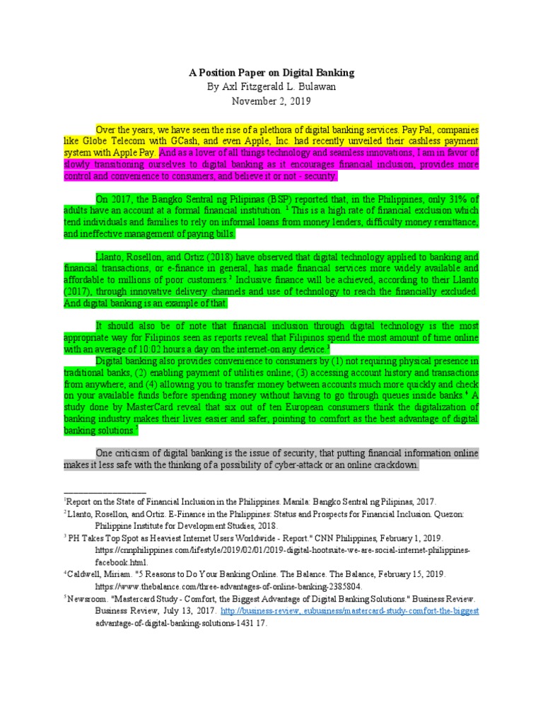 A Position Paper On Digital Banking: by Axl Fitzgerald L. Bulawan ...