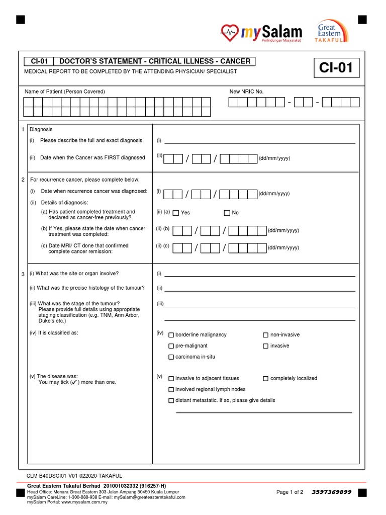 Cancer Critical Illness Claim Form | PDF | Cancer | Neoplasms