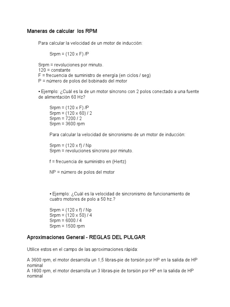 Cálculo de RPM y Torque en Motores | PDF | Caballo de fuerza | Frecuencia