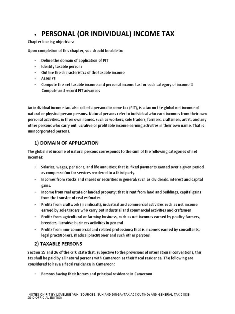 Personal (Or Individual) Income Tax: 1) Domain of Application | PDF ...