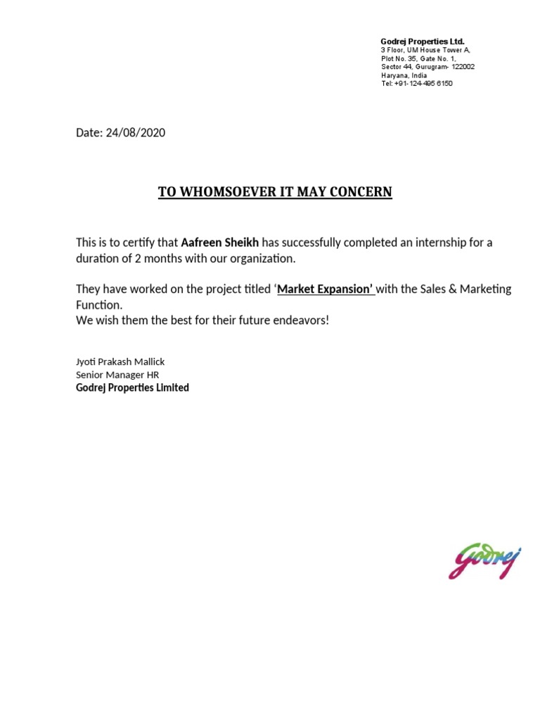 Godrej Company Internship Certificate Word PDF