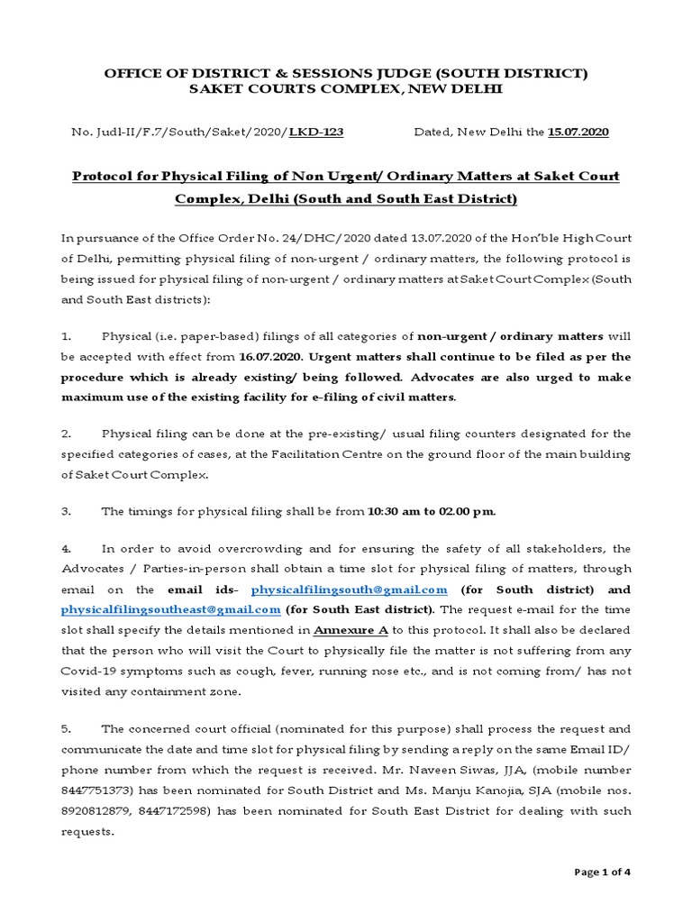 Saket Court Physical Filing Protocol | PDF | Judge | Lawsuit