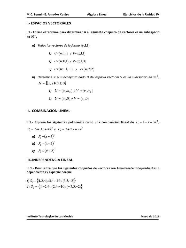 Ejercicios de Álgebra Lineal IV | PDF | Espacio vectorial | Álgebra lineal