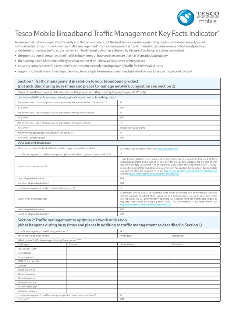 Tesco Mobile Broadband Traffic Management Key Facts Indicator PDF