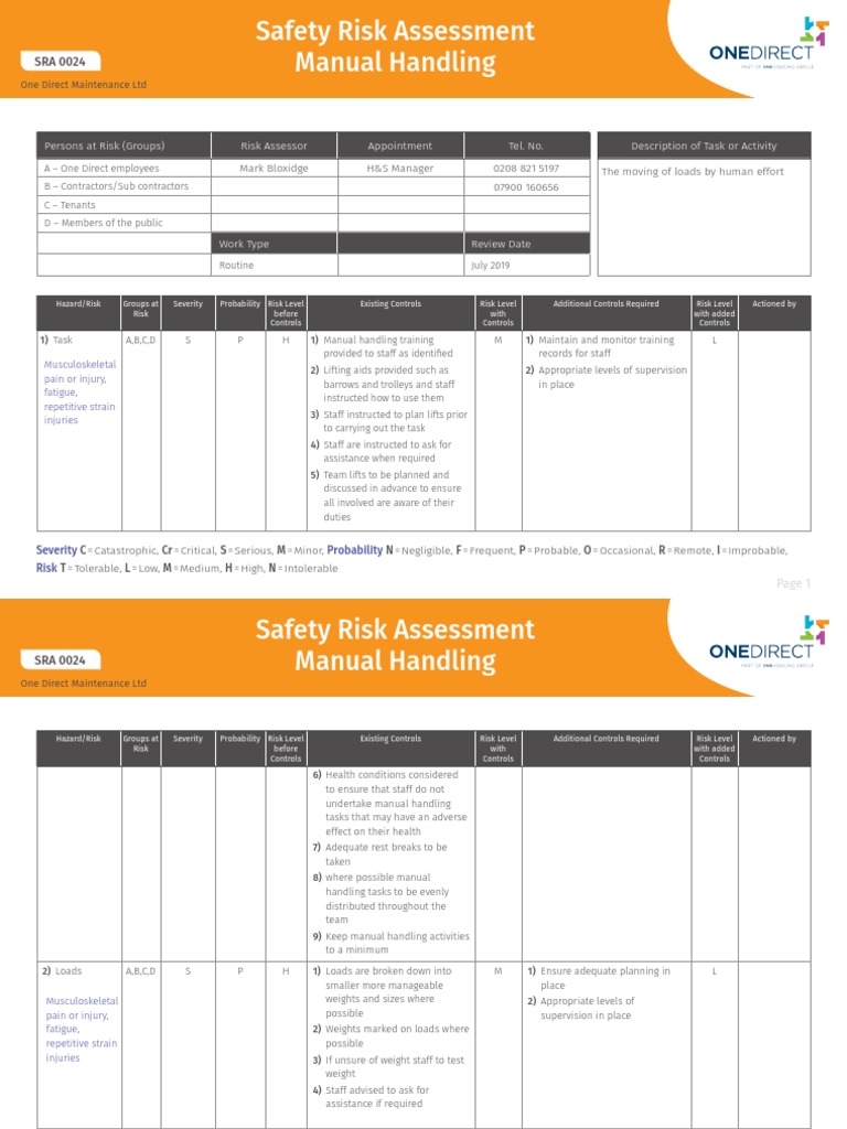 Manual Handling Safety Risk Assessment | PDF | Personal Protective ...