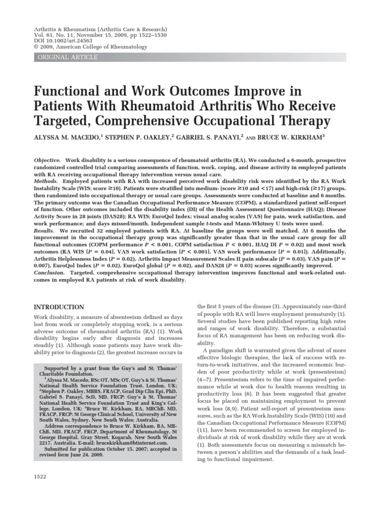 Functional and Work Improve in Patients With Rheumatoid