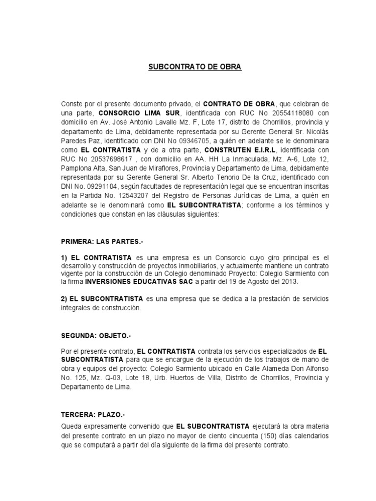 Subcontrato de Obra | PDF | Contratista general | Presupuesto