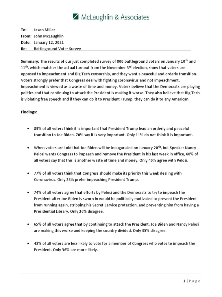 Battleground Survey Memo 01-12-21 | PDF | Nancy Pelosi | Swing State
