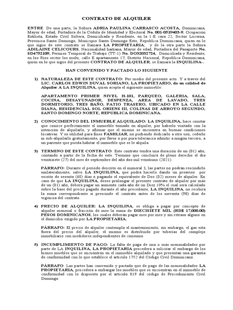 Se Puede Pagar Un Año Entero De Alquiler Contrato de Alquiler - Adilaine | PDF | Alquiler | República Dominicana