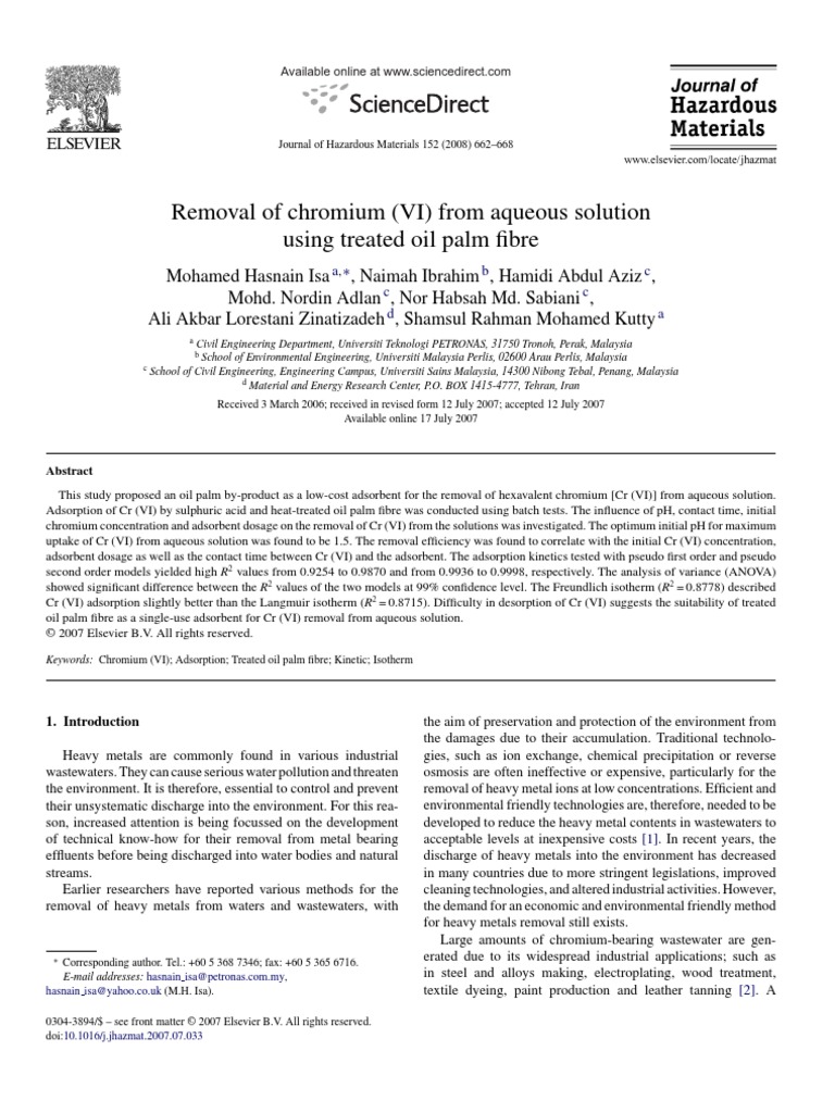 Removal of Chromium (VI) From Aqueous Solution Using Treated Oil Palm ...