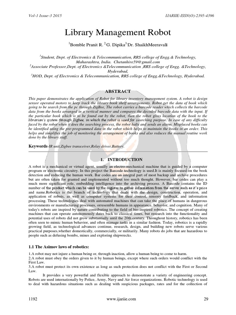 Library Management Robot: Bomble Pranit R. G. Dipika Dr ...