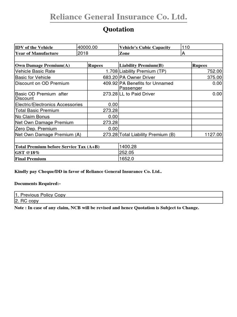 RGI Car Insurance Quotation Details | PDF | Finance & Money Management ...