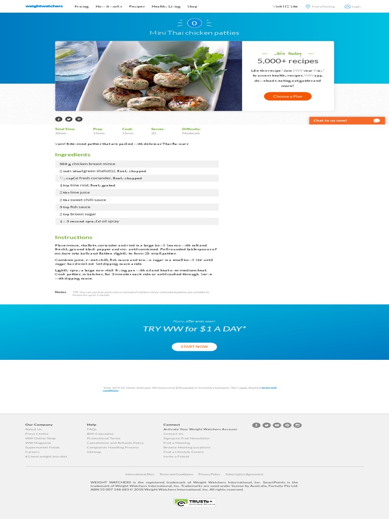 Mini Thai Chicken Patties Healthy Recipe Weight Watchers AU PDF
