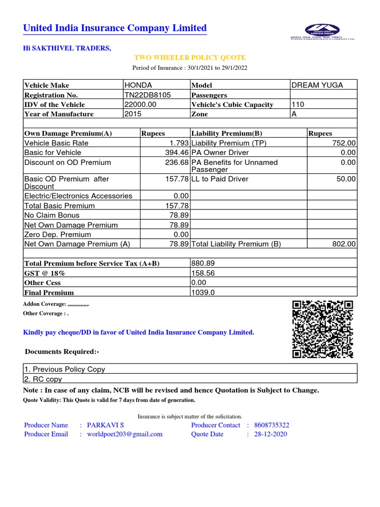 United India Insurance Company Limited: Hi Sakthivel Traders | PDF ...