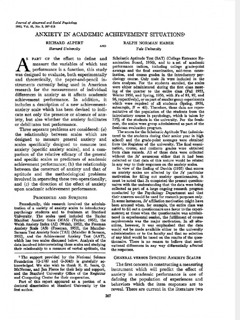 Richard Alpert's Anxiety in Academic Achievement Thesis | PDF ...