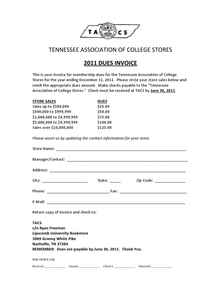 Tennessee Association of College Stores: 2011 Dues Invoice | PDF