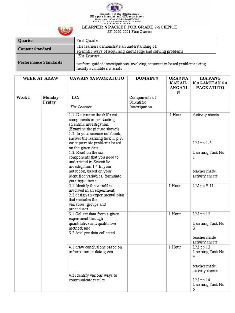 The Learner Learner'S Packet For Grade 7Science PDF Solution