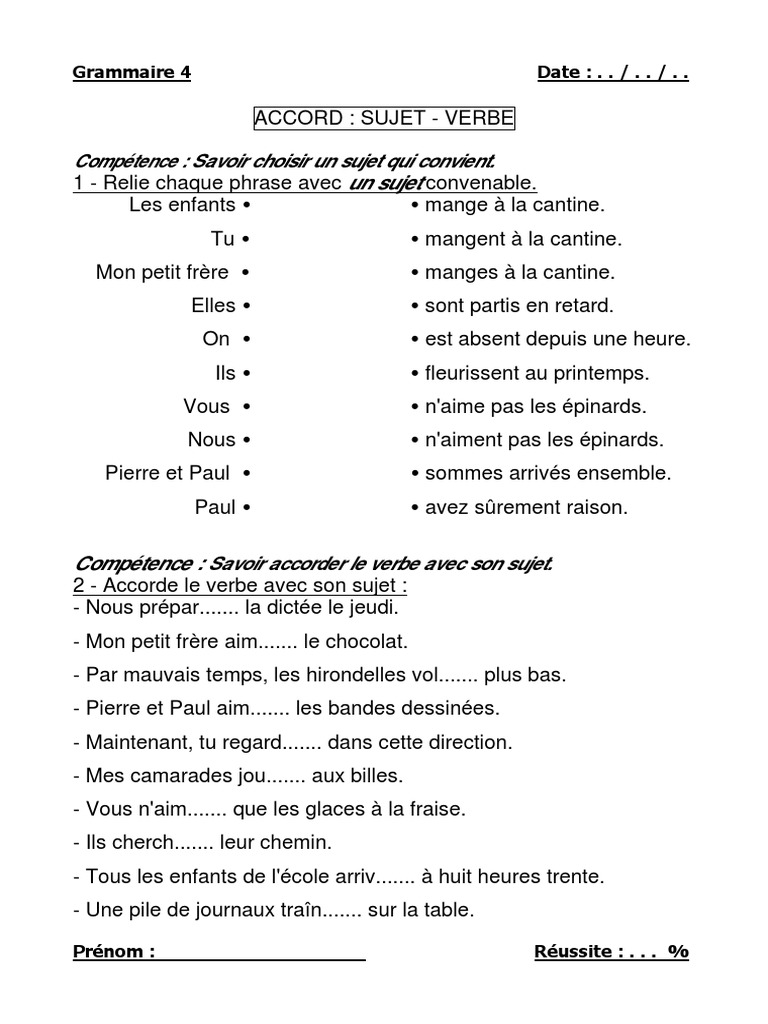 Exercice Sujet Verbe Ce2 à Imprimer 4 Accord Verbe Sujet | PDF