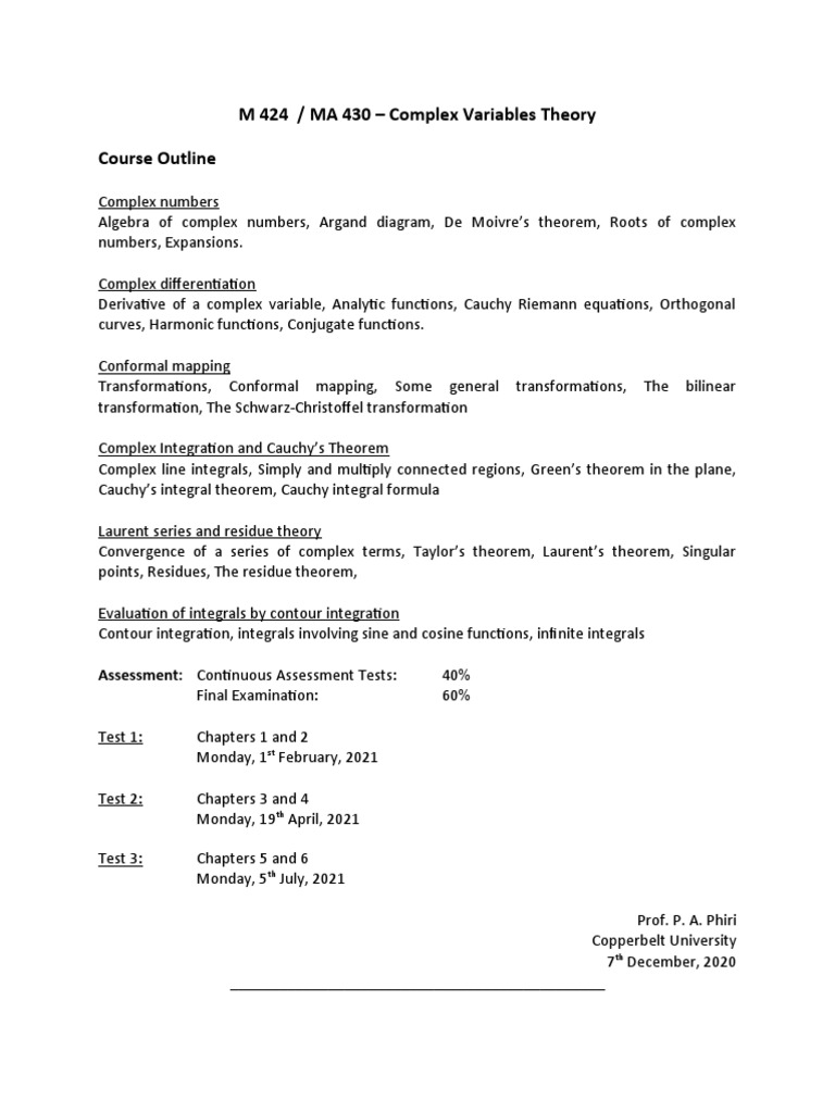 Complex Variables Theory Course Outline | PDF | Teaching Methods ...