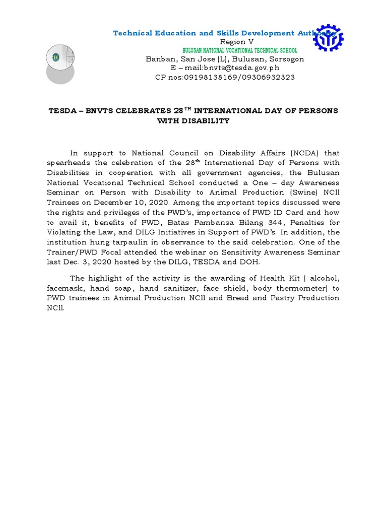 PWD Awareness Seminar at BNVTS | PDF | Social Science